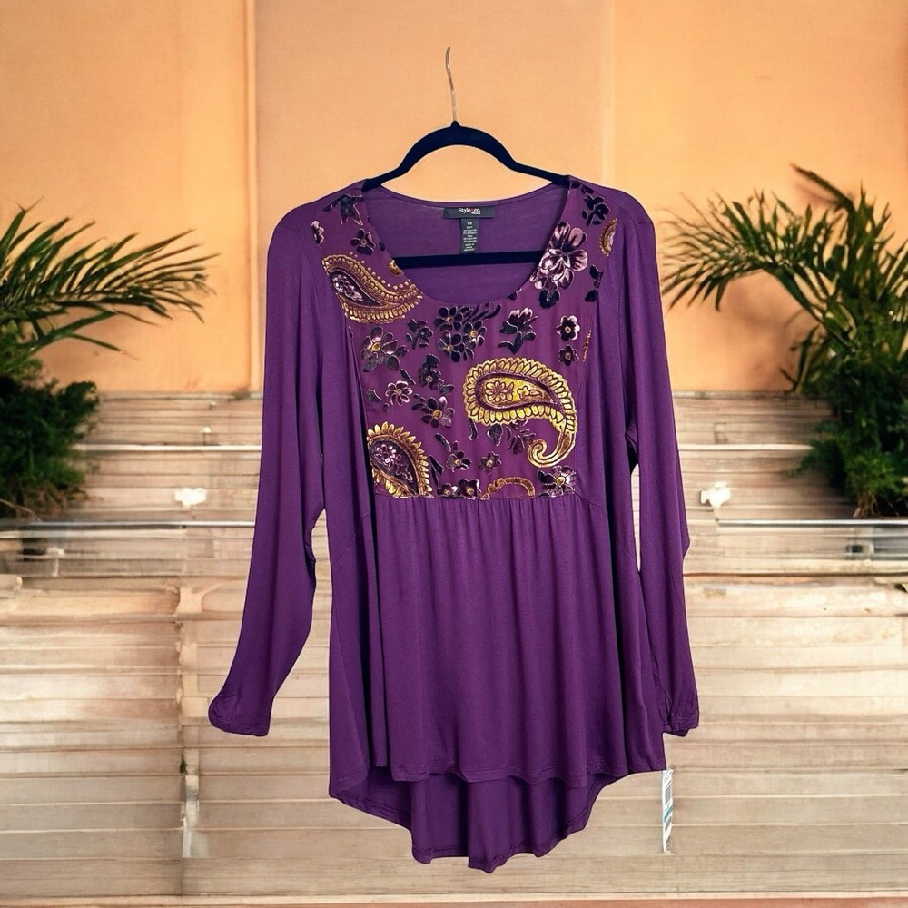 Style & Co Blouse Size OX Paisley Floral Velvet Front Panel Long Sleeve Top New - Picture 7 of 13